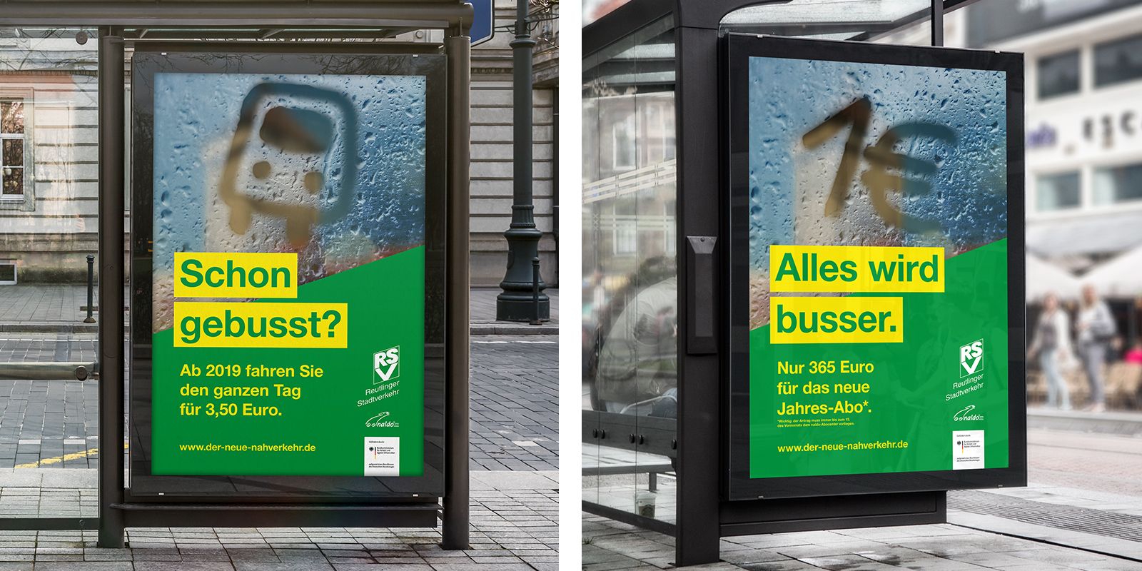City Light Plakate mit den Headlines Schon gebusst? und Alles wird busser. für den RSV in Reutlingen