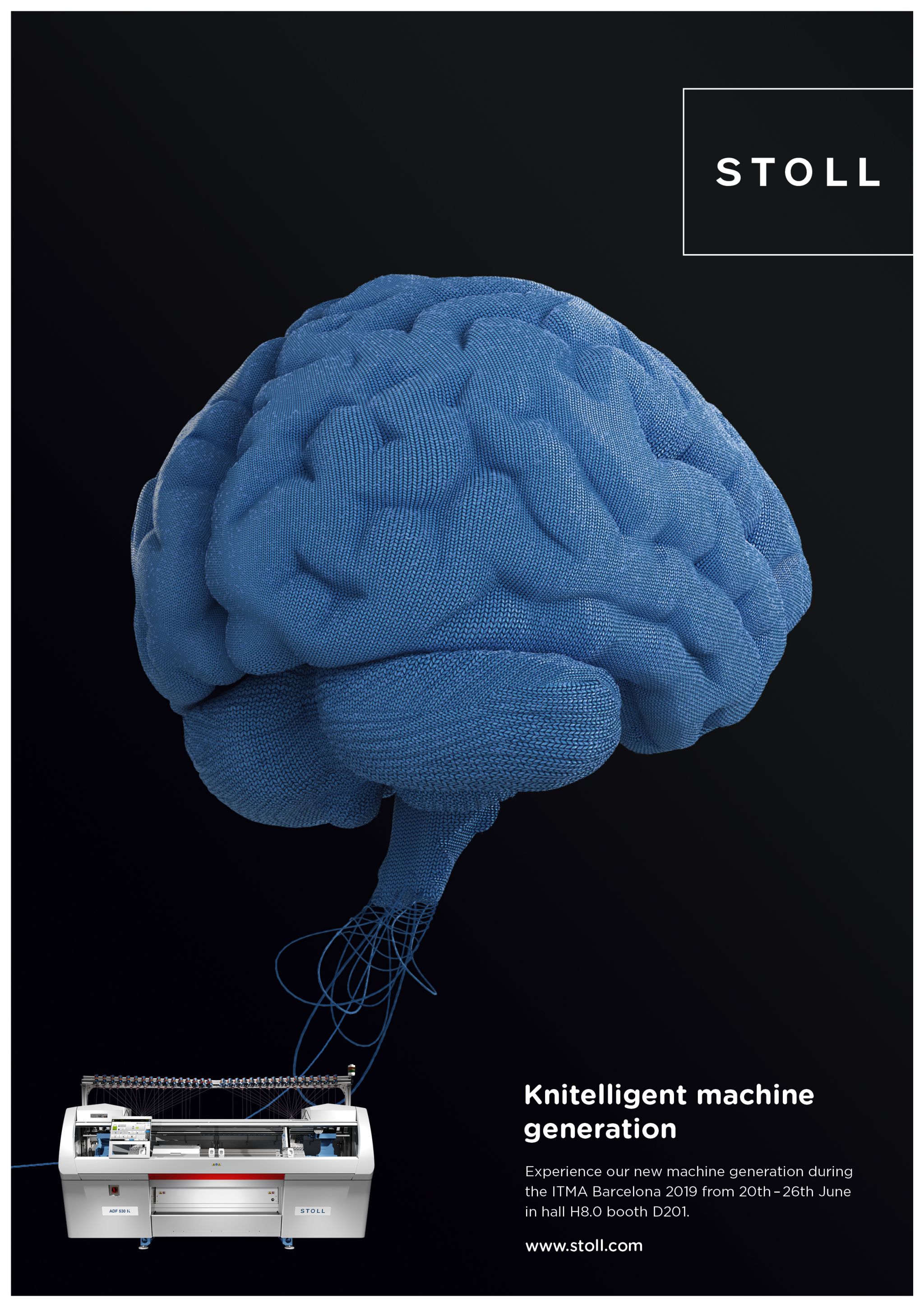 Anzeige mit einem bleuen Gehirn und der Headline Knitelligent machine generation von Stoll