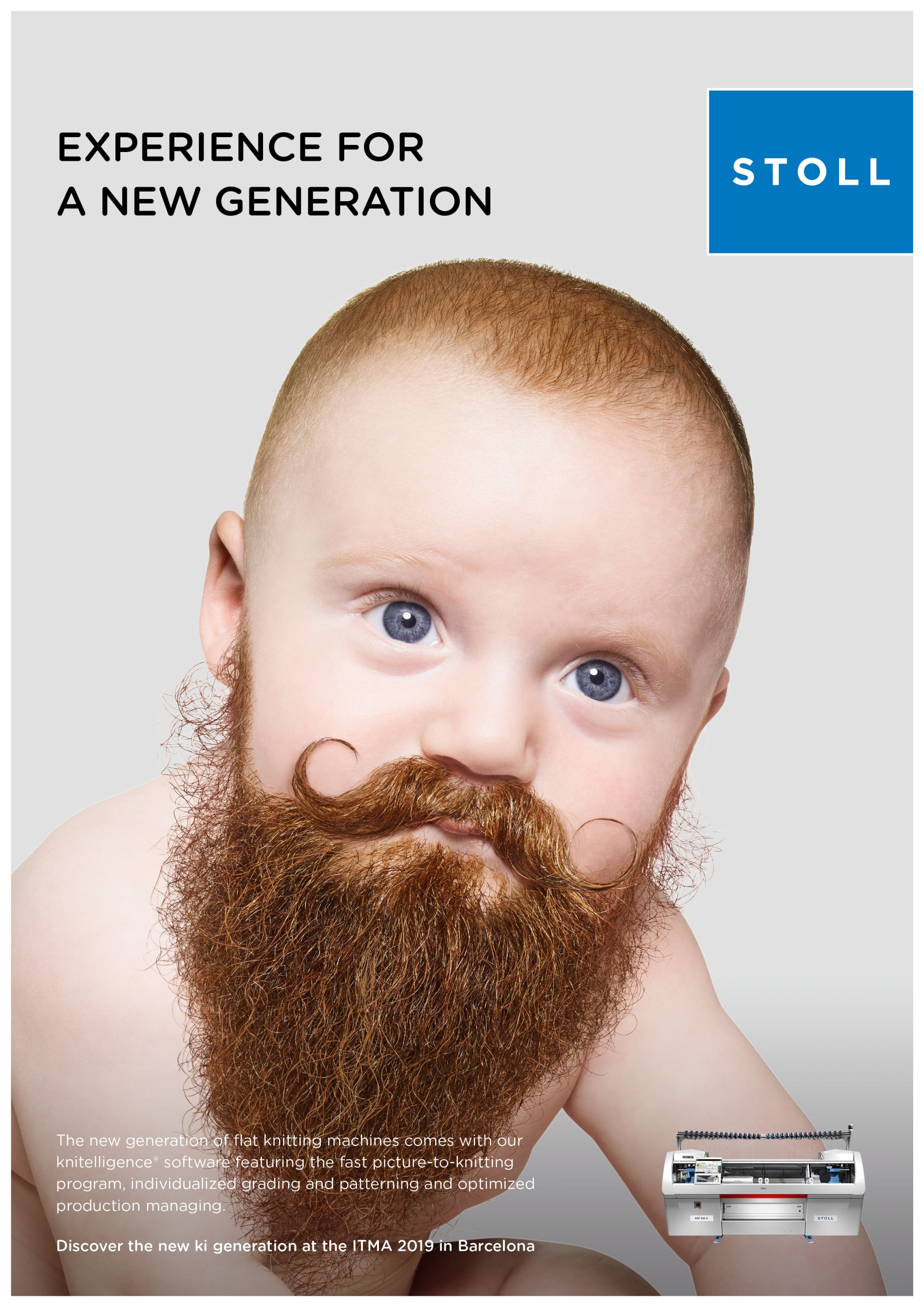 Anzeige mit Baby mit langem Bart und der Headline EXPERIENCE FOR A NEW GENERATION für Stoll