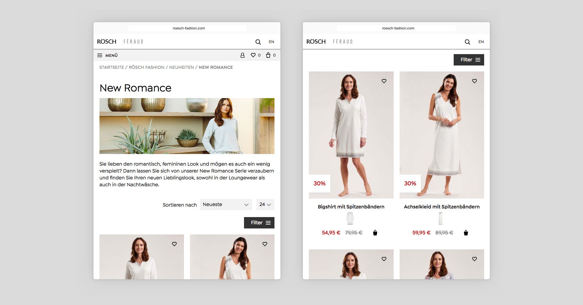 Screenshot Webshop Rösch Féraud Mobile Ansicht Produkte