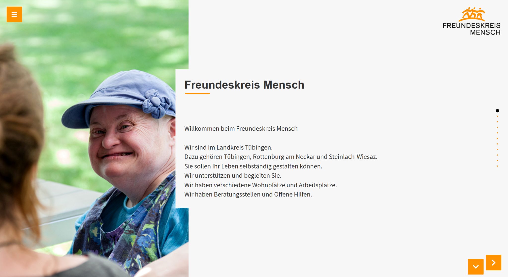 Screenshot von der Startseite der Freundeskreis Mensch Webseite
