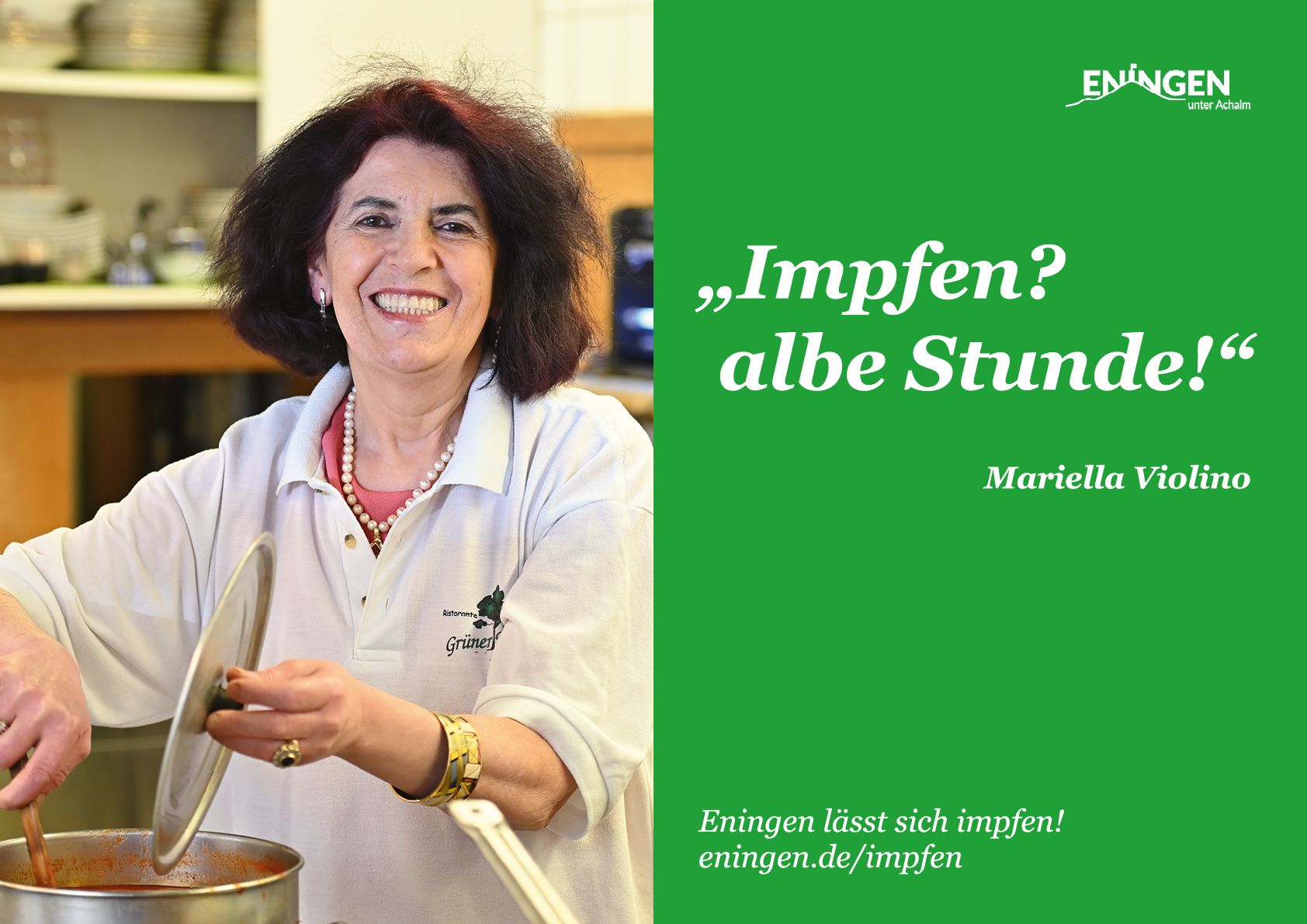 Imfpkamagne Eningen mit einer älteren Dame und der Headline "Impfen? albe Stunde"