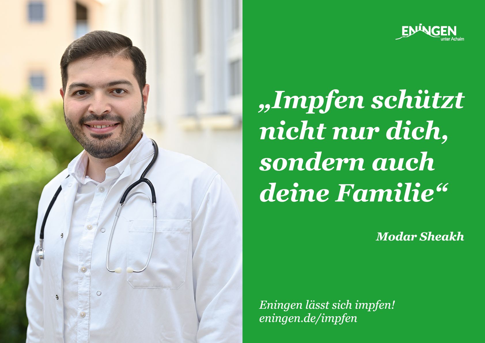 Imfpkamagne Eningen mit einem Arzt und der Headline "Impfen schützt nicht nur dich, sondern auch deine Familie"