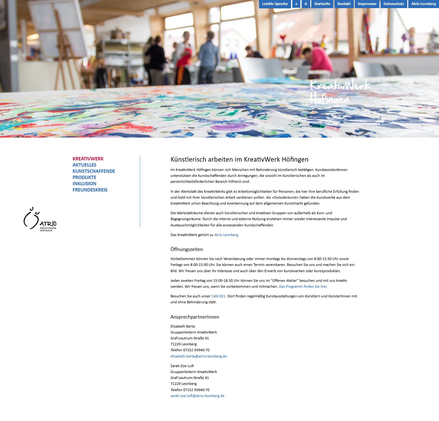 Screenshot der Microsite für das Kreativwerk von Atiro Leonberg